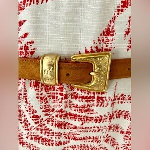 Vintage 90s Belt Suede Caramel Tan Matte Gold Embossed Buckle by Milo’s SZ S/M